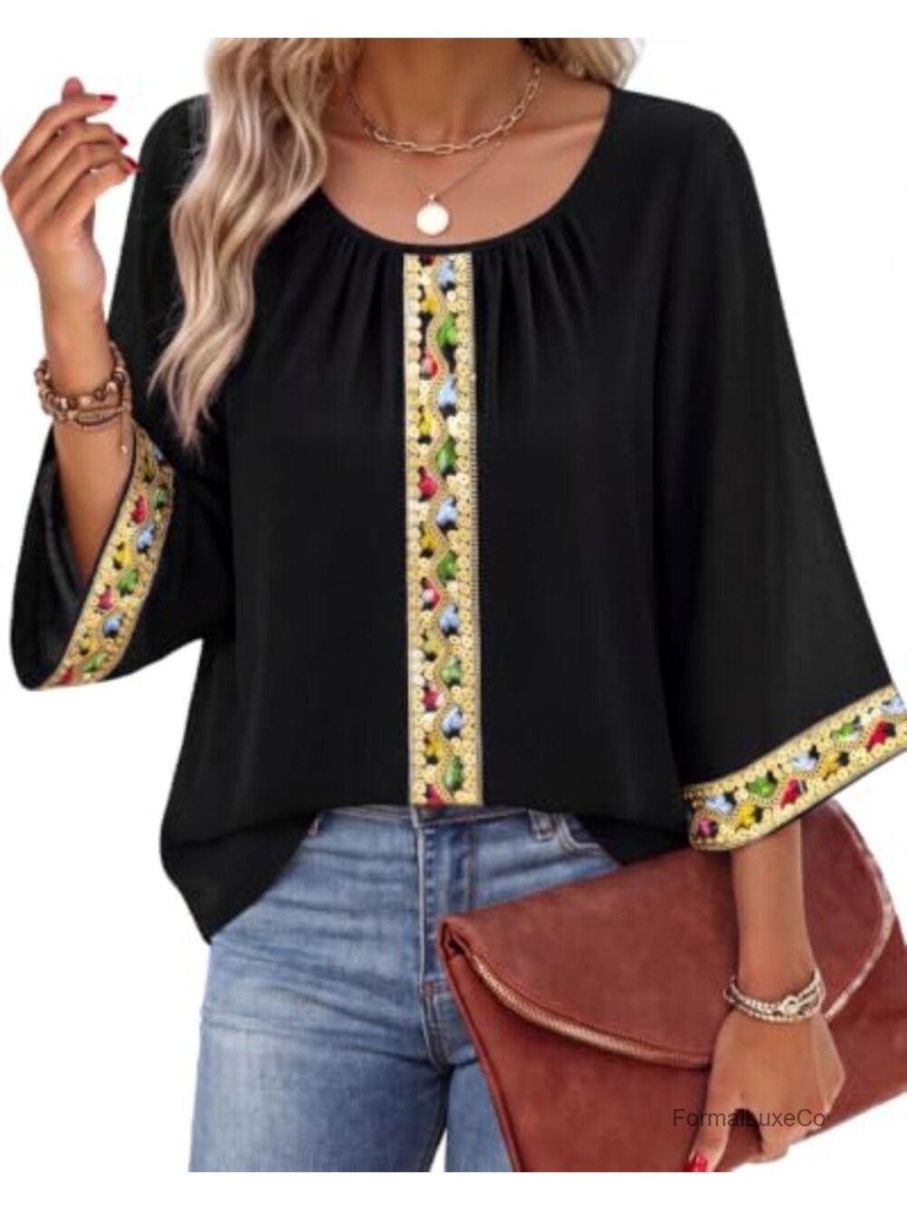 Womens Embroidered 3/4 Bell Sleeve Chiffon Blouse Sequin Vintage Top